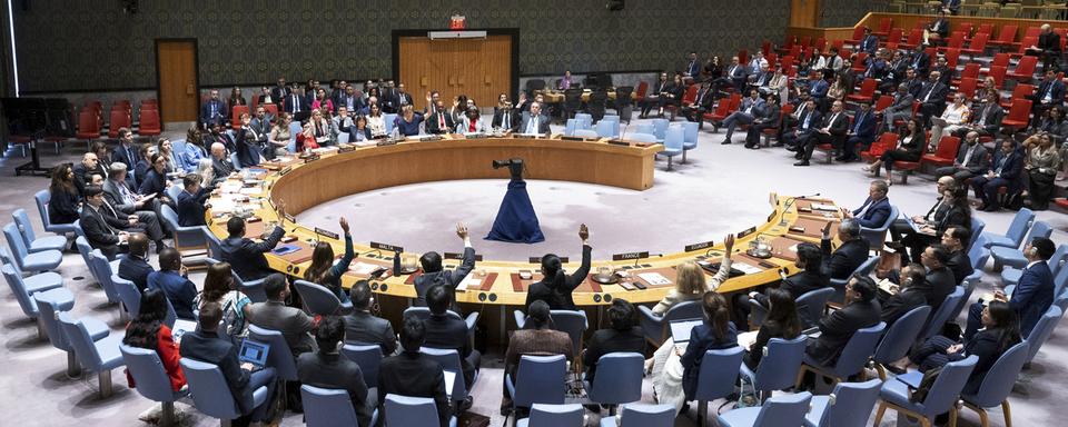 Le vote du Conseil de sécurité en faveur d'un plan de trêve. [United Nations via AP/Keystone - Eskinder Debebe]