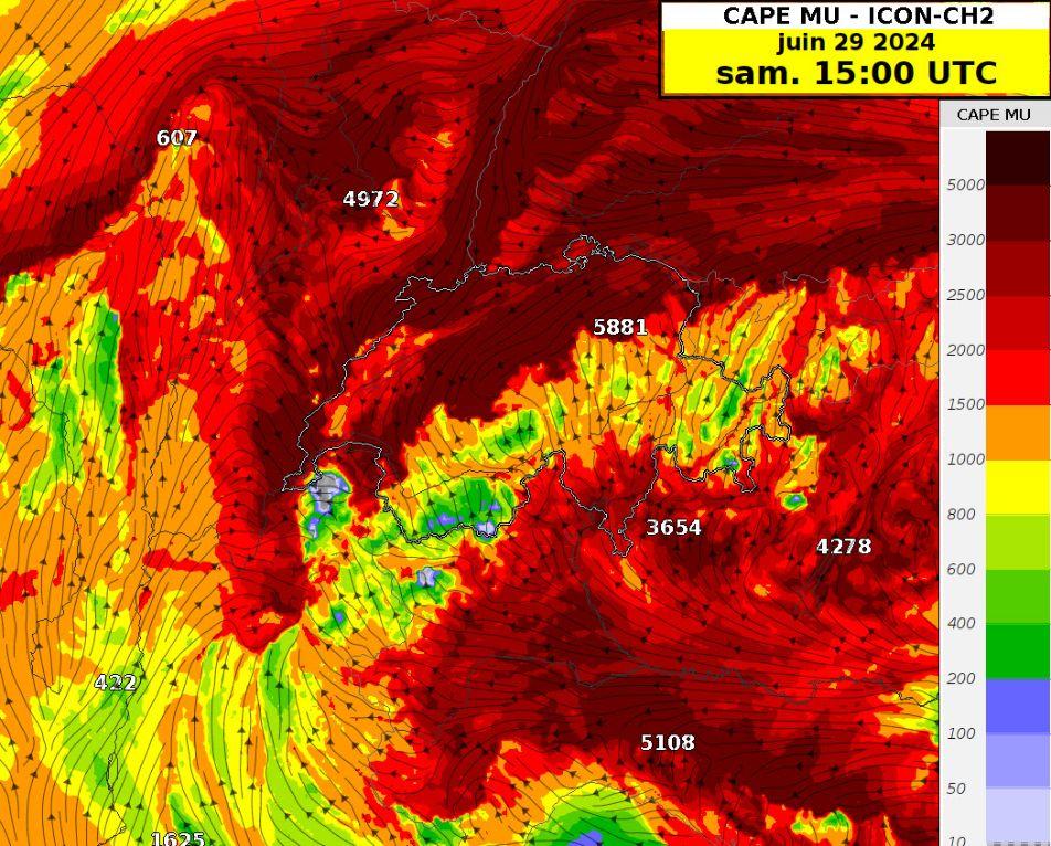 Illustration de l'énergie colossale disponible pour la formation des orages ce samedi. [MétéoSuisse]