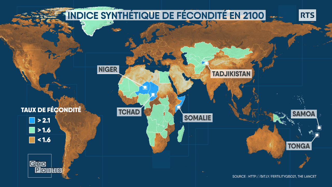 La fécondité dans le monde en 2100. [RTS - Géopolitis]