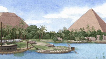 Illustration montrant le port d’accès aux pyramides du plateau de Gizeh. [PNAS/Alex Boersma]