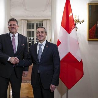 Ignazio Cassis rencontre à Berne le vice-président de la Commission européenne Maros Sefcovic. [Keystone]