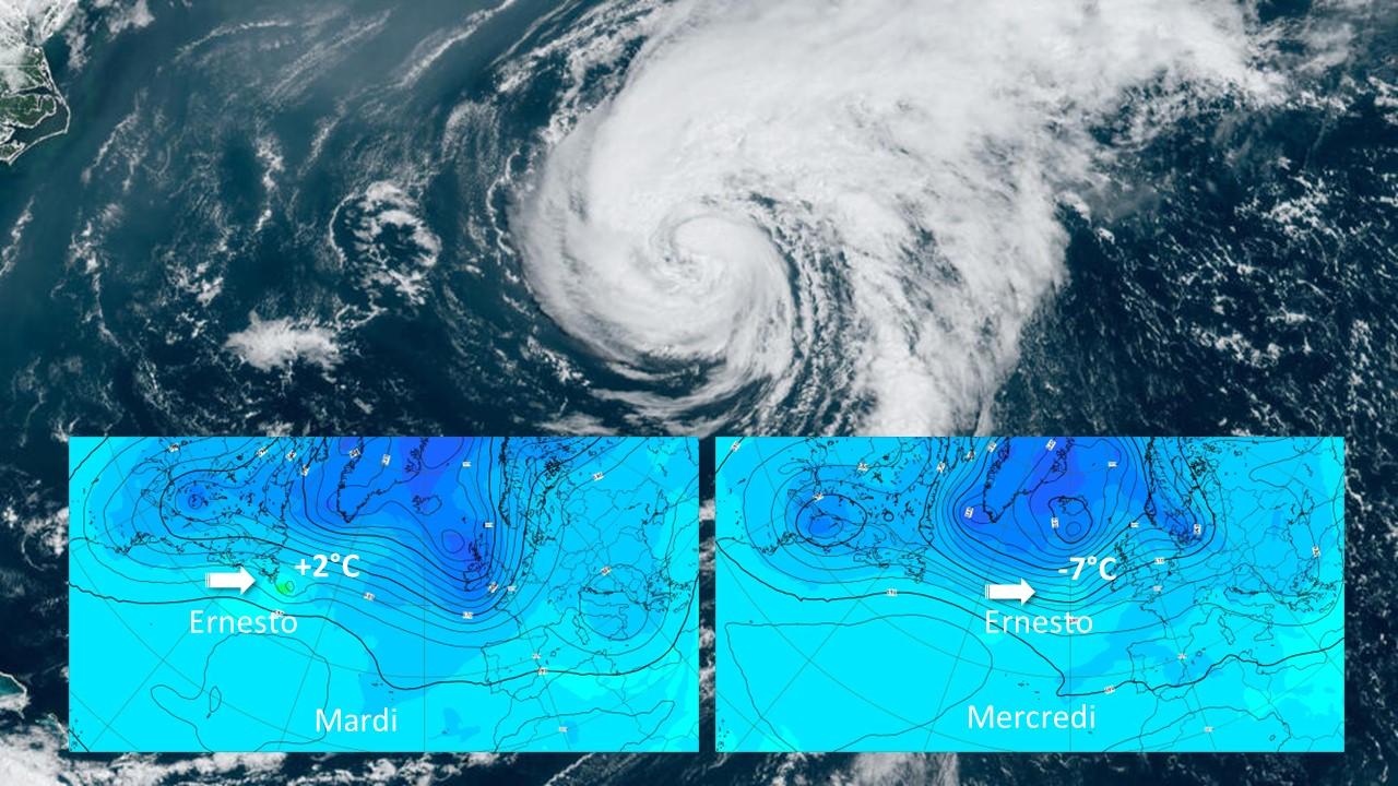 Evolution des températures à 500 hPa (5500m) entre le mardi 20 et le mercredi 21 août, prévue par le modèle Européen (ECMWF). [NOAA/ECMWF]