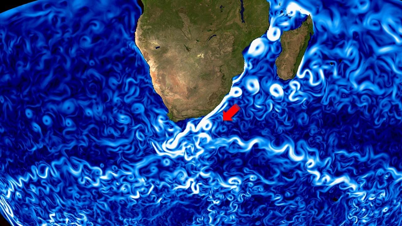 Circulation des courants à la surface de l'océan au large des côtes sud-africaines, mesurés par satellite [Mercator Ocean International]