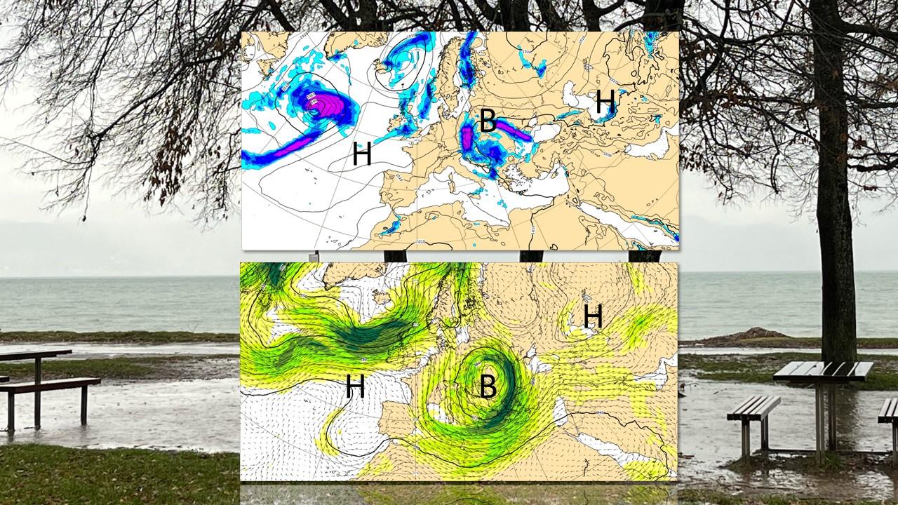 En haut, pressions au sol et précipitations prévues par le modèle européen (ECMWF) pour le 14 septembre 2024 à 21h UTC. En bas, vents vers 5500 m. [ECMWF - Nicole Mottet]