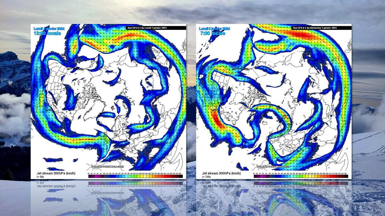 Evolution du jetstream entre le 1er et le 8 janvier 2024. [RTS/GFS/NOAA/Meteociel.fr - Isabelle Genin]