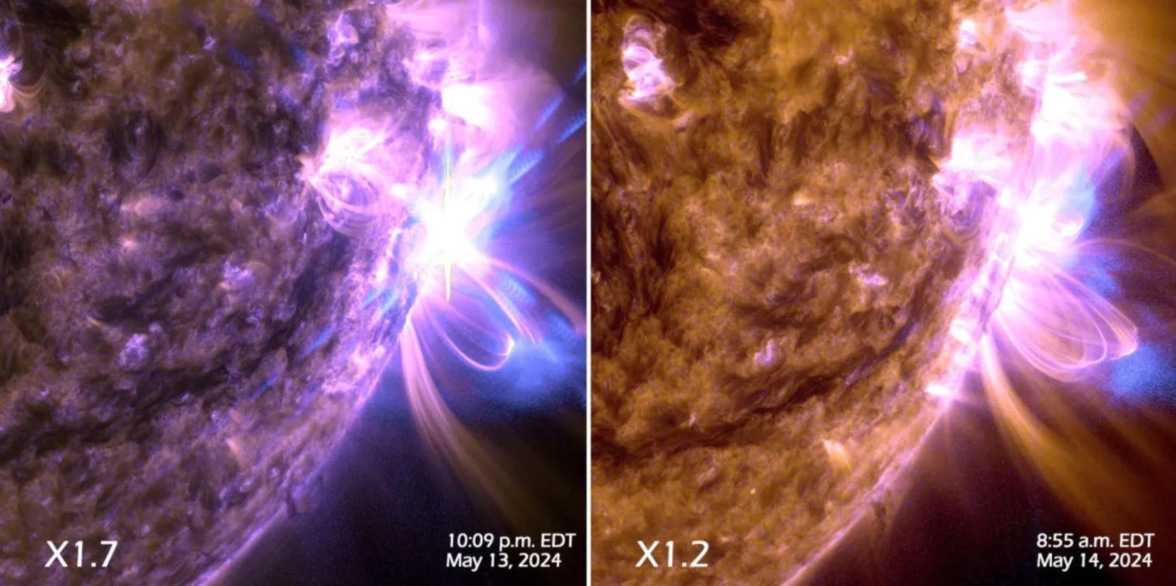 Les images des éruptions solaires  – le flash lumineux sur la droite des images – les 13 et 14 mai 2024 montrent un sous-ensemble de lumière ultraviolette extrême mettant en évidence la matière extrêmement chaude des éruptions: elle est colorée en violet, rose et or.La première éruption est classée dans la catégorie X1,7 et la seconde X1,2. La classe X désigne les éruptions les plus intenses, tandis que le numéro fournit plus d'informations sur leur puissance. [NASA - SDO]