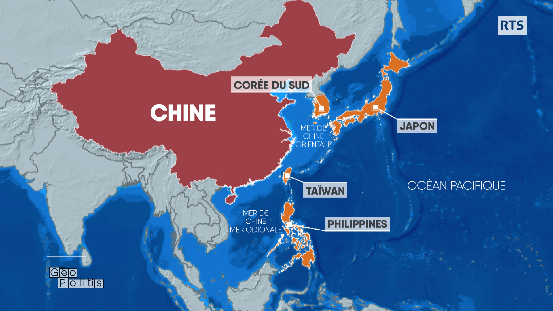 La Chine est séparée du Pacifique par une chaîne d'îles (Corée du Sud, Japon, Taïwan, Philippines) alliées des Etats-Unis. [RTS - Géopolitis]