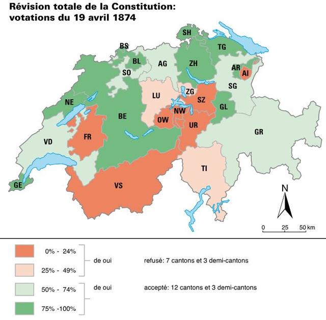 Le vote du 19 avril 1874 sur la révision de la Constitution. [Chancellerie fédérale/ DHS et Kohli cartographie]