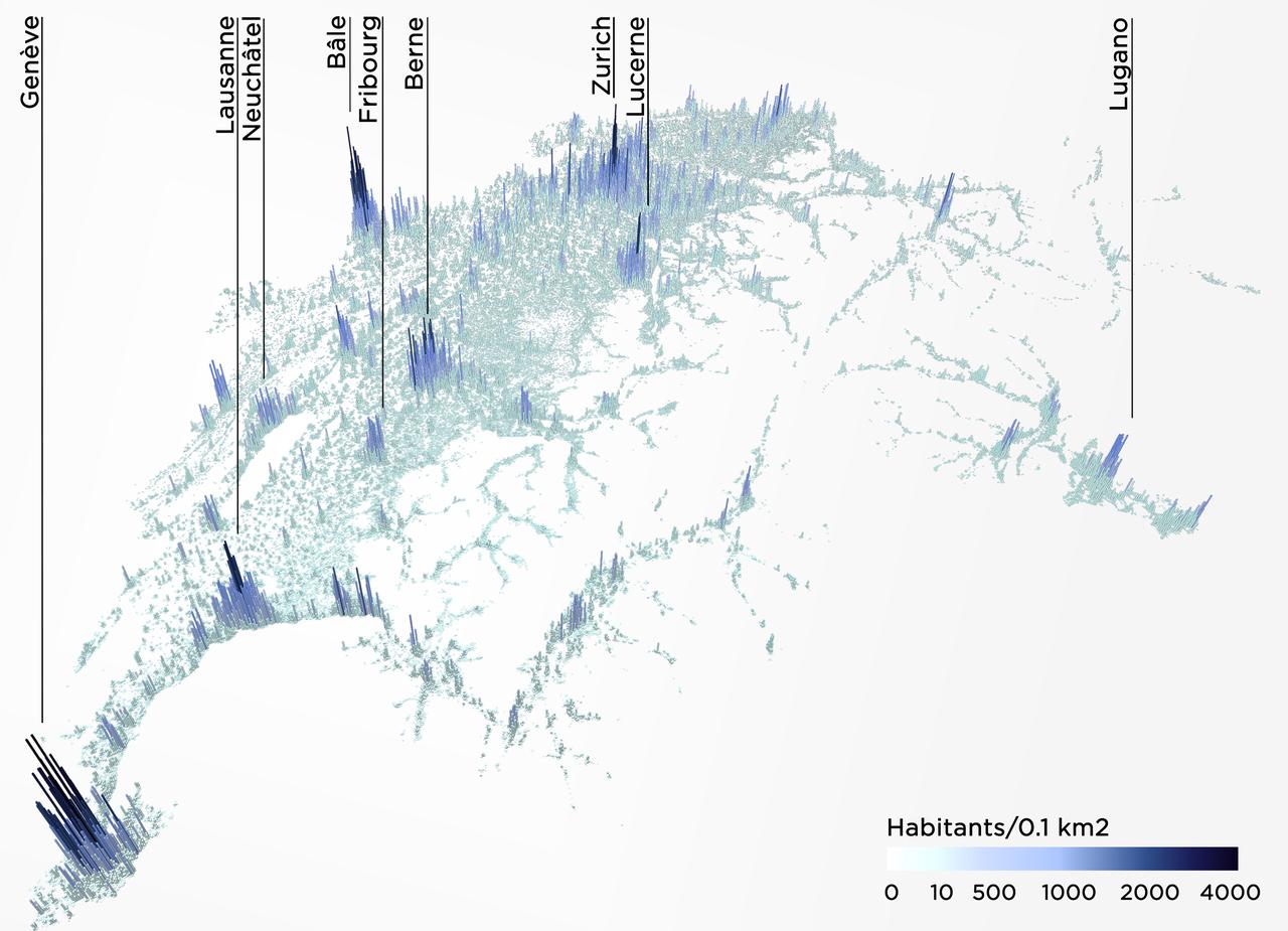 Population suisse: habitants par 0,1 km2. [Tybalt Félix]