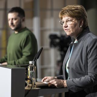 La conférence de presse de Volodymyr Zelensky et Viola Amherd s'est tenu ce 15 janvier 2024. [Keystone - EPA/ALESSANDRO DELLA VALLE / POOL]