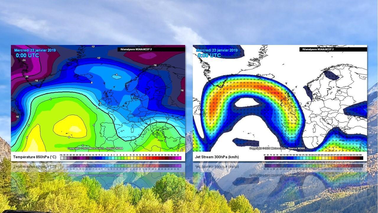 Températures à 850 hPa (1500 m) et position du jet stream le 23 janvier 2019. [NOAA/GFS/Meteociel.fr - Valéry Héritier]