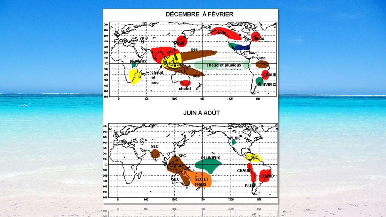 Impacts régionaux du phénomène El Niño en hiver (en haut) et en été (en bas). [Wikipedia - Dinkum]