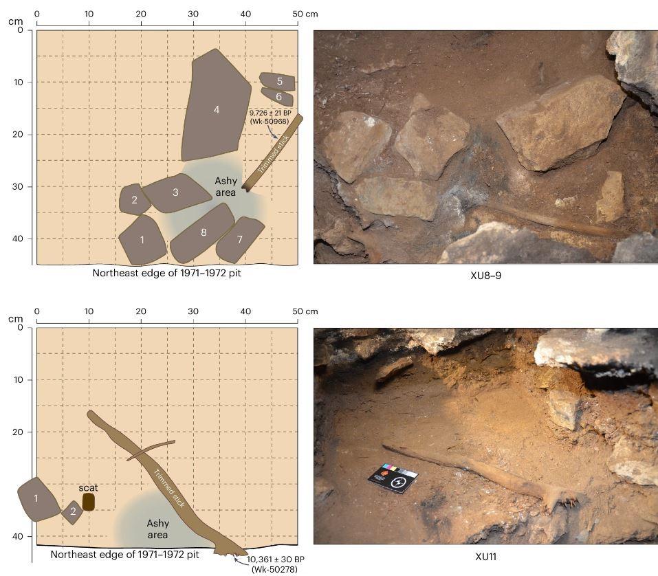 L'installation du haut date d'il y a 10'720 à 12'420 ans. Celle du bas date d'il y a 11'420 à 12'950 ans. Chacune présente un bâton taillé (de 20 cm, en haut, et de 40 cm, en bas) à proximité d'une zone avec des cendres. [Nature Human Behaviour - David, B., Mullett, R., Wright, N. & al.]