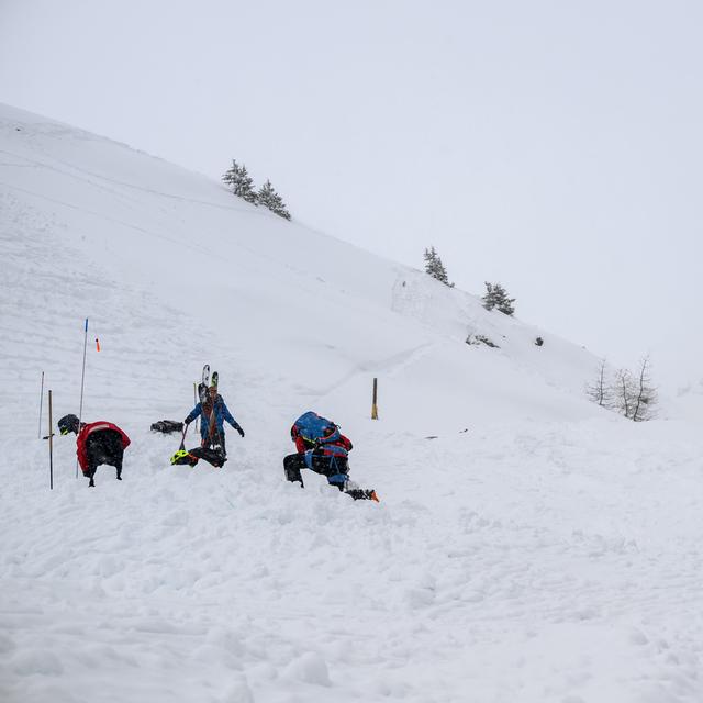 Photo prise lors d'un exercice de secours en cas d'avalanche réalisé à Verbier en janvier 2024. [Keystone - Jean-Christophe Bott]