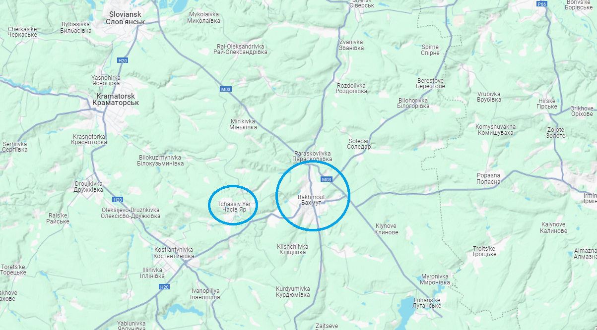 La distance entre les villes de Bakhmout et de Tchassiv Yar n'est que d'une dizaine de kilomètres. [RTSinfo - GoogleMap]