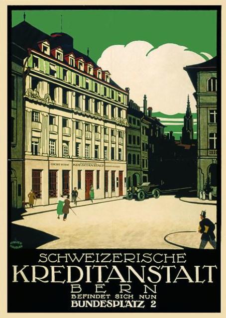 Affiche réalisée vers 1920 par l'atelier Häusler pour le Crédit suisse, nouvellement installé sur la place Fédérale à Berne. L'affiche vient  de la Bibliothèque nationale suisse et est consultable en ligne sur le Dictionnaire historique de la Suisse: https://hls-dhs-dss.ch/articles/041821/2012-11-27/. [DHS - Dictionnaire historique de la Suisse]