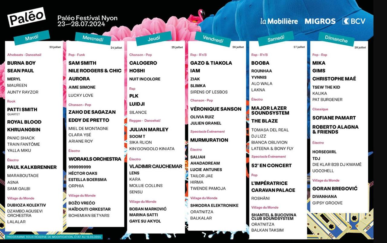 Programme du Paléo Festival 2024 (au 12 mars 2024) [Paléo Festival]