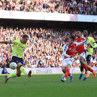 Le joueur Kai Havertz marque lors du match entre Arsenal FC et Southampton FC à Londres, le 5 octobre 2024. [Keystone - Neil Hall]