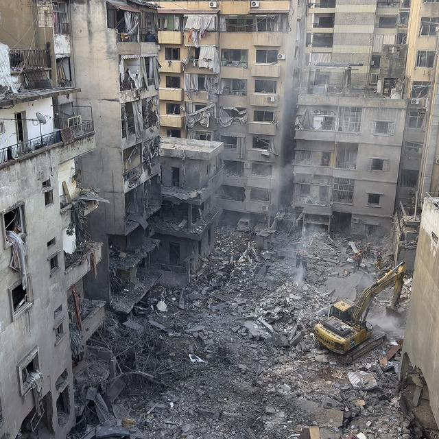 Rescue workers use an excavator to clear the rubble of destroyed buildings, as they search for victims at the site of Thursday's Israeli airstrike, in Beirut, Lebanon, Friday, Oct. 11, 2024. [AP Photo/Keystone - Hussein Malla]