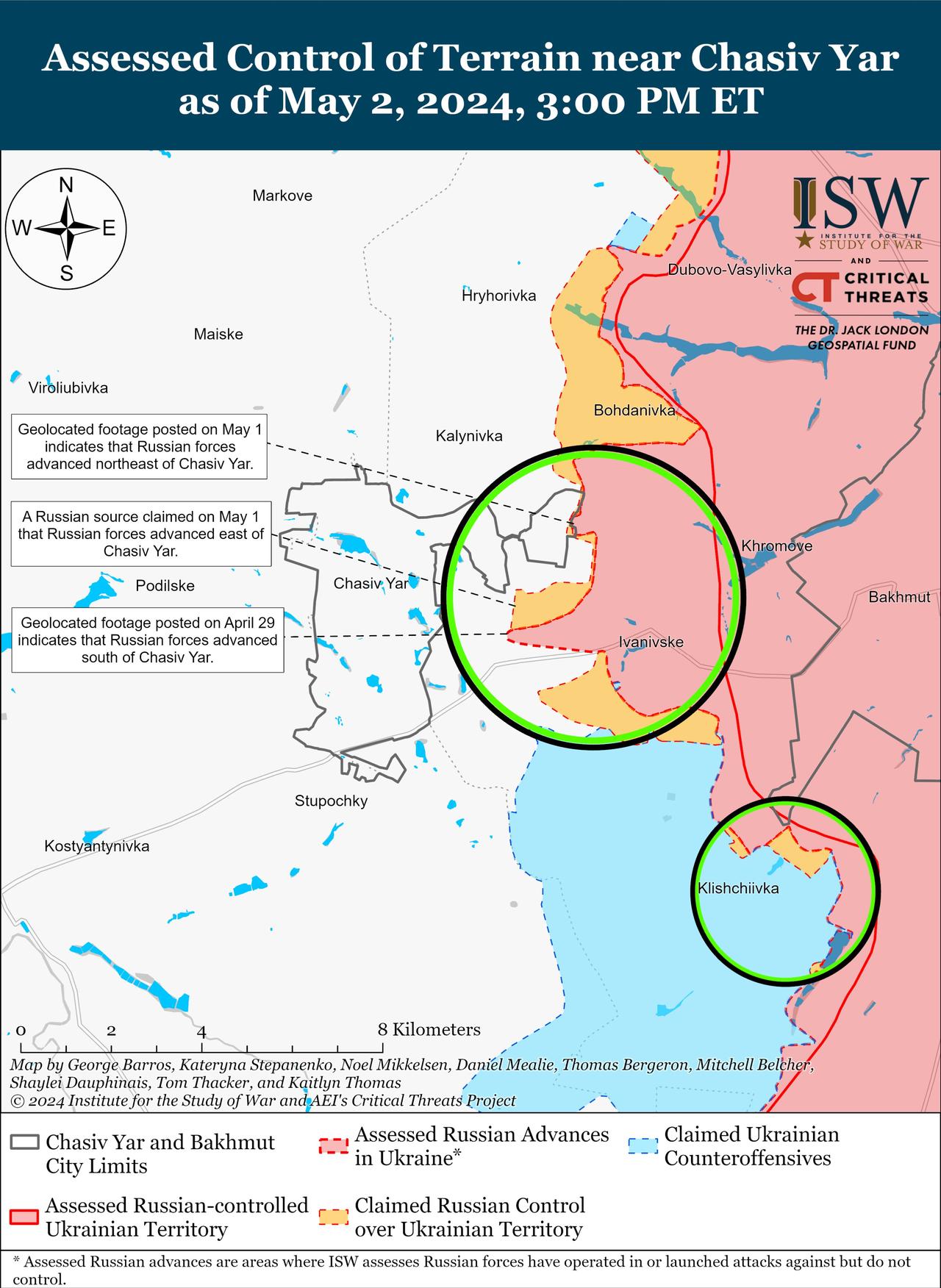 En rose, les positions occupées par la Russie qui ont pu être confirmées. Avec les traitillés rouges, les dernières avancées russes confirmées. [Institute of the Study of War (ISW)]