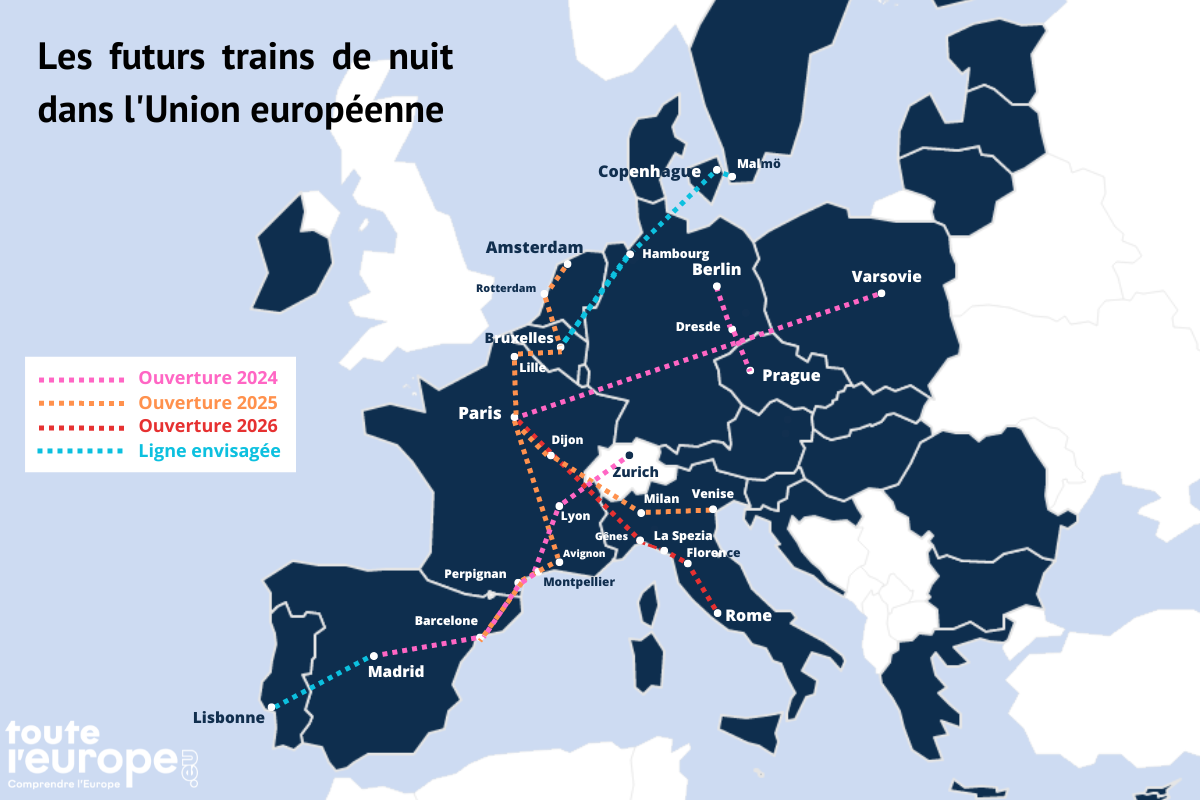 Carte des futurs trains de nuit dans l'Union européenne. [Toute l'Europe]