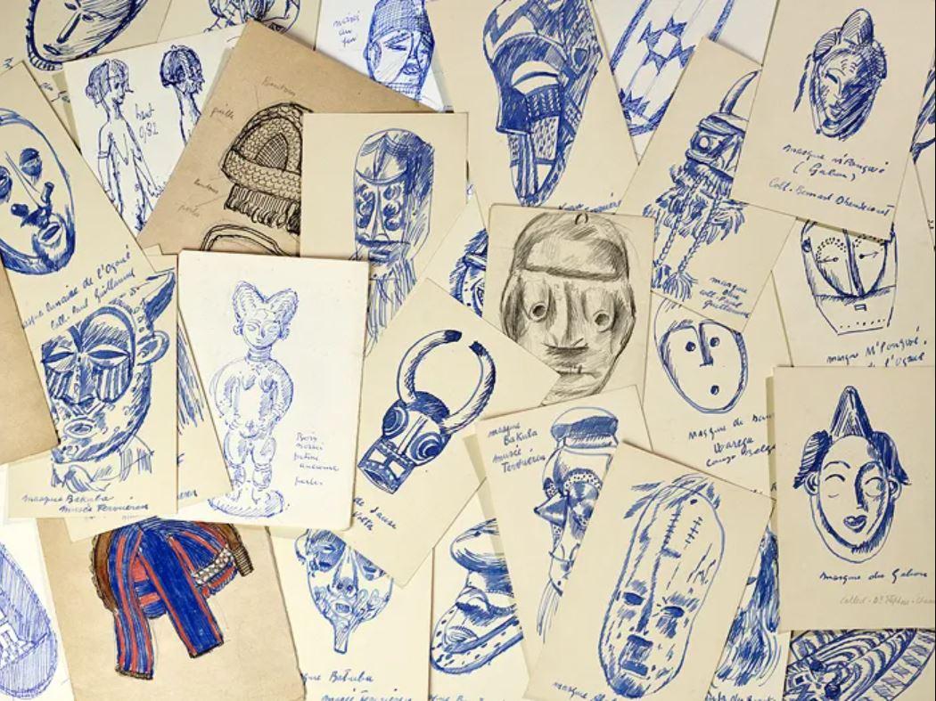 Divers dessins de l'artiste et collectionneur Émile Chambon (1905-1993) représentant des objets africains de sa collection personnelle, repérés sur le marché de l'art ou dans les musées. Encres au verso de cartons de vernissage, entre 1934 et 1956. [Archives du MEG - 2013.V4/2]