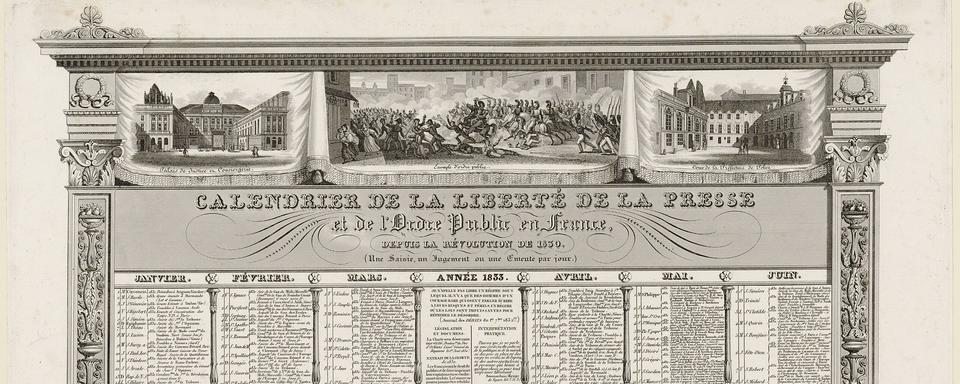 Calendrier de la liberté de la Presse et de l'ordre public en France depuis la révolution de 1830 (janvier à juin). [Wikimedia commons / CC-PD-Mark - ©Giraldon-Bovinet]