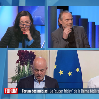 Nicole Lamon, cheffe de la rubrique suisse du journal Le Temps, Myret Zaki, journaliste pour le Blick, et François Schaller, ex-rédacteur en chef de L'Agefi et de PME Magazine. [RTS]