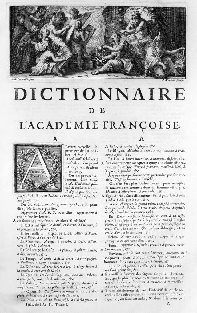 Frontispice du premier Dictionnaire de l'Académie Française. Gravure de Jean Mariette (1660-1742), par Jean-Baptiste  Corneille (1649-95). [Leemage via AFP - Bibliothèque Nationale, Paris, France]