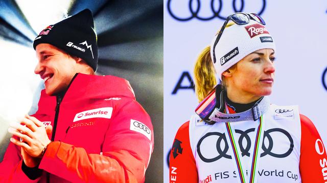 Les skieurs alpins suisses Marco Odermatt et Lara Gut-Behrami sont donnés favoris des descentes du jour aux courses de super G à Wengen (Berne) et à Zauchensee en Autriche. [Keystone - Jean-Christophe Bot]