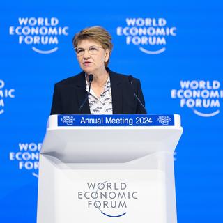 La présidente de la Confédération Viola Amherd a ouvert le WEF à Davos, le 16 janvier 2024. [KEYSTONE - GIAN EHRENZELLER]