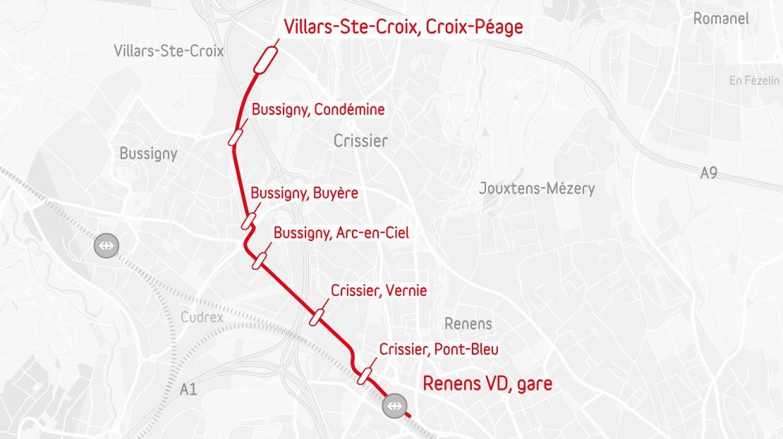 Une carte du prolongement de la ligne entre Renens et Villars-Ste-Croix. [tramway-lausannois.ch/]