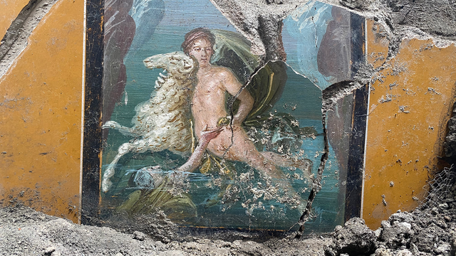 Une fresque représentant la scène mythologique figurant Phrixos et sa jumelle Hellé fuyant leur belle-mère Ino sur le bélier à la Toison d'or, découverte à Pompéi en 2024. [AFP - Parco Archeologico di Pompei press office]