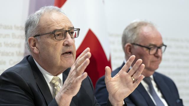 Le conseiller fédéral Guy Parmelin s'exprime au lendemain de la signature de l'accord de libre-échange de l'AELE avec l'Inde [Keystone - Peter Schneider]