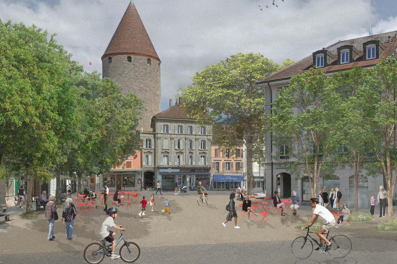 Le projet de réaménagement du centre de Bulle, ici la place des Alpes, fait la part belle à la végétation et aux espaces piétons. [Ville de Bulle - Urbanité(s)]