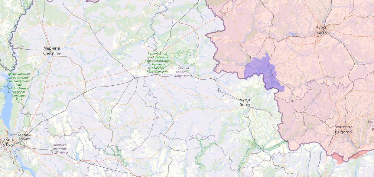 En violet, les avancées faites par l'armée ukrainienne dans la région russe de Koursk, du 6 au 19 août 2024. [liveuamap - RTS]