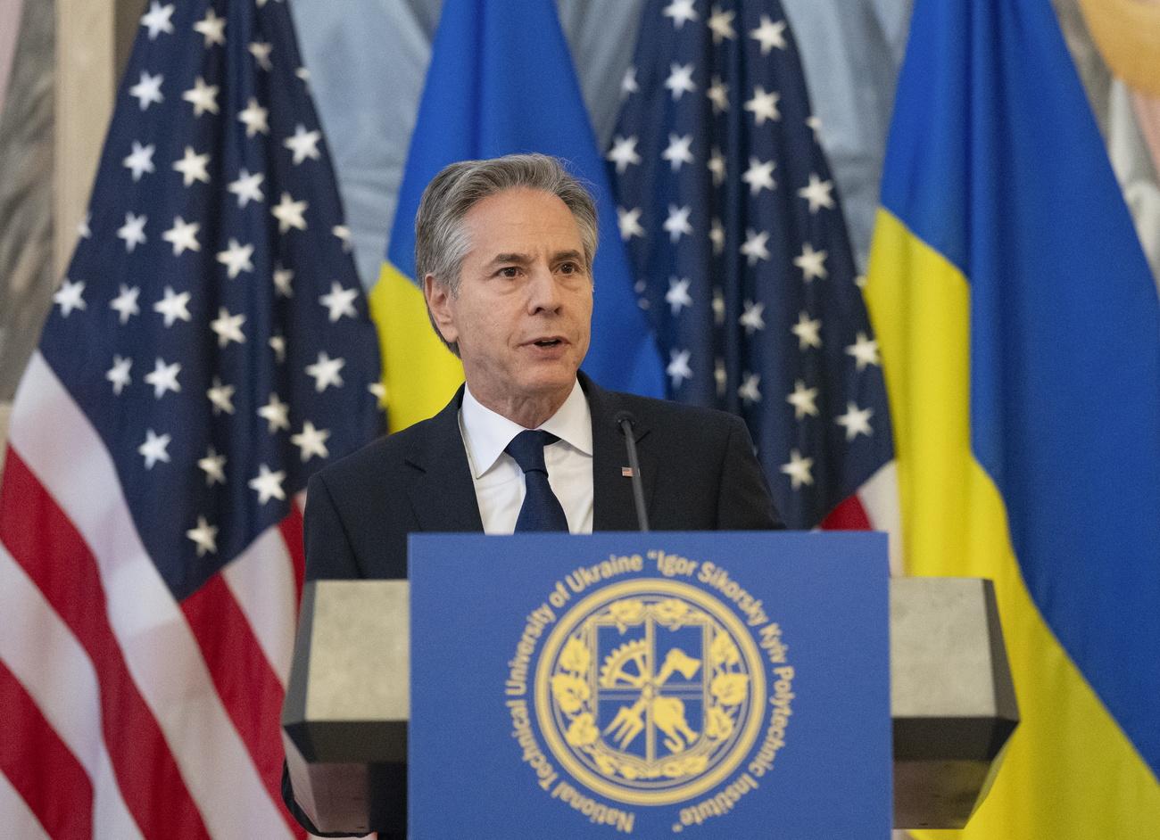 Le chef de la diplomatie américaine Antony Blinken lors d'un discours devant des étudiants à Kiev. [KEYSTONE - STR]
