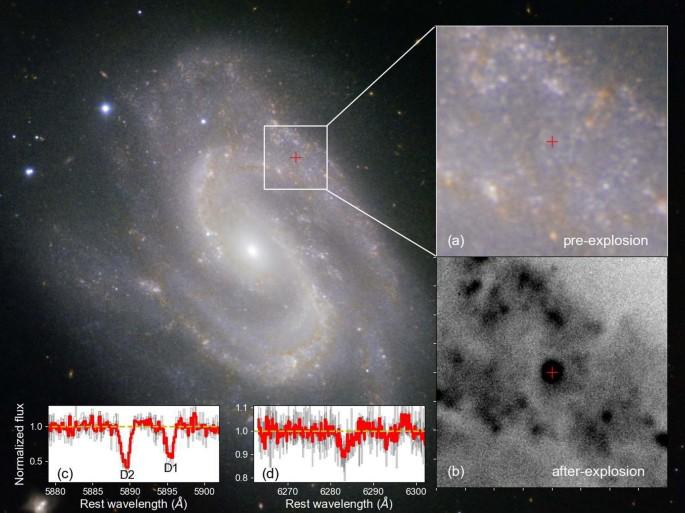 La supernova SN 2022jli dans le bras spiral de la galaxie voisine NGC 157, située à 75 millions d'années-lumière, avant (a) et après (b) son explosion. [Nature - Ping Chen & al.]