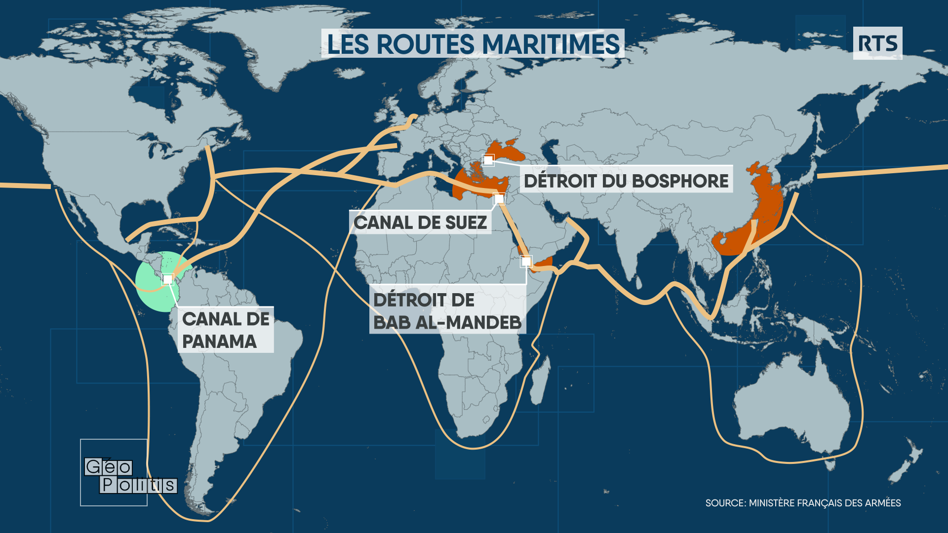 Principales routes et zones de tensions du transport maritime. [RTS - Geopolitis]