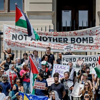 Une manifestation pro-Palestine aux Etats-Unis, le 18 août 2024. [Keystone - EPA/Erik S. Lesser]