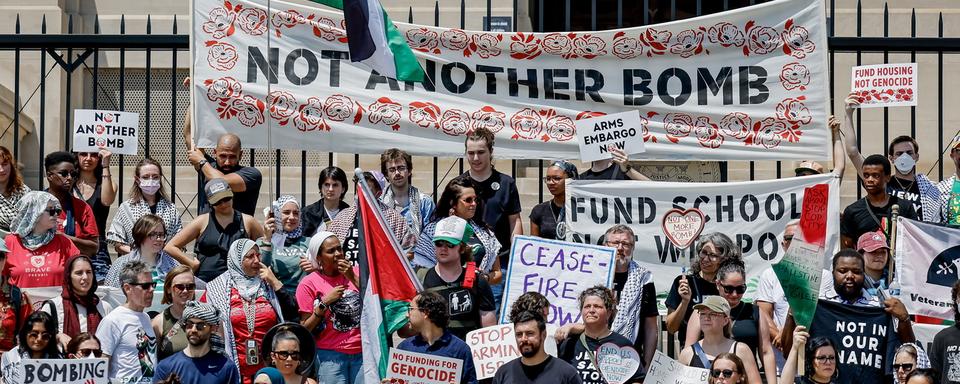 Une manifestation pro-Palestine aux Etats-Unis, le 18 août 2024. [Keystone - EPA/Erik S. Lesser]