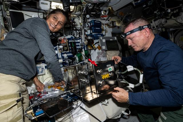 Les astronautes Suni Williams et Butch Wilmore préparent le matériel de plomberie orbitale en vue de son installation à l'intérieur de la salle de bain de l'ISS, également appelée compartiment des déchets et de l'hygiène, située dans le module Tranquility. [NASA]