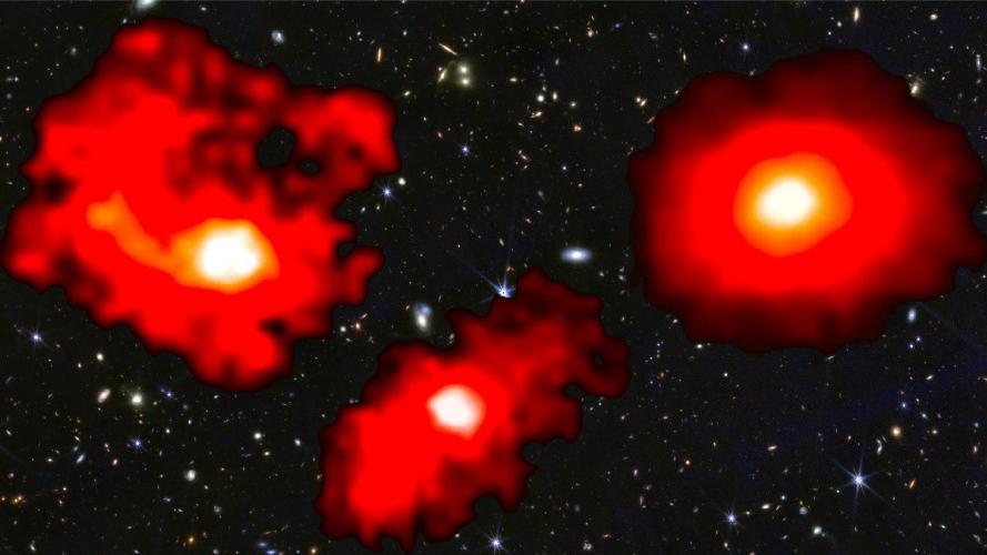 Photomontage d'images prises par le télescope spatial James Webb. Les trois "monstres rouges" sont des galaxies extrêmement massives et poussiéreuses dans le premier milliard d'années après le Big Bang, ce qui indique que l'Univers forme des étoiles plus efficacement que prévu. [NASA/CSA/ESA - M. Xiao & P. A. Oesch (University of Geneva), G. Brammer (Niels Bohr Institute), Dawn JWST Archive]