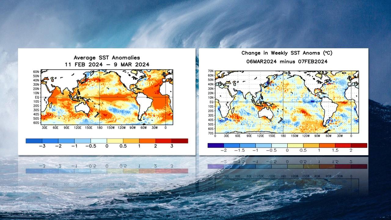 A gauche, anomalies de températures à la surface des océans entre le 11 février et le 9 mars 2024. A droite variations de températures entre le 7 février et le 6 mars 2024. [NOAA/NCEP/Wikicommons]