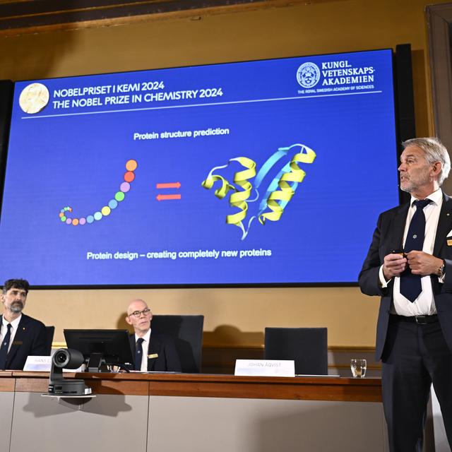 Une présentation du comité Nobel explique la recherche des lauréats de chimie pour 2024. [Keystone/EPA - Christine Olsson]