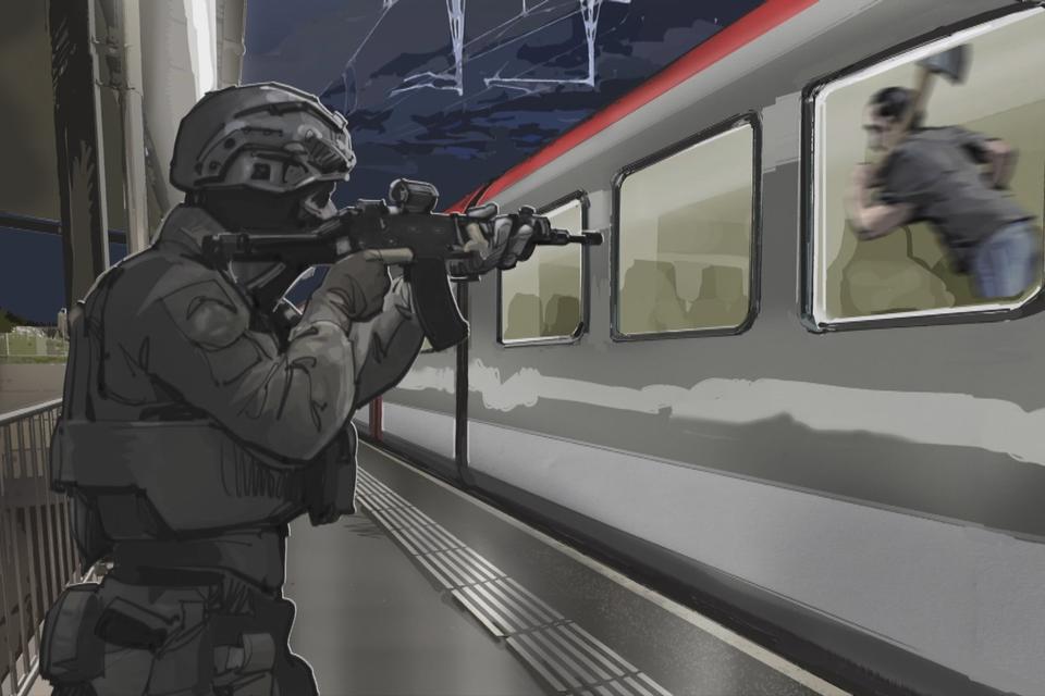 Une illustration montre un membre des forces de l'ordre prêt à intervenir contre le forcené, armé d'une hache, dans le train. [RTS]