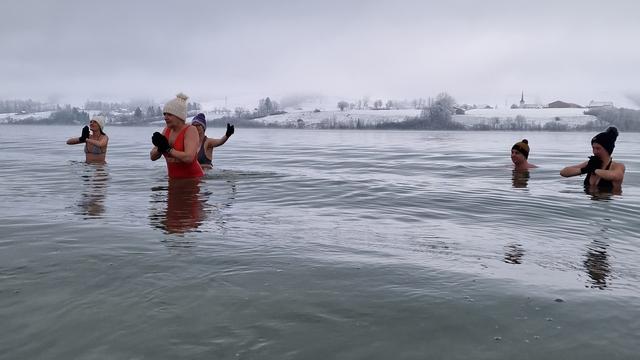 Des novices lors d'une initiation à la baignade en eau froide dans le lac de la Gruyère. [RTS - Stéphane Renevey]