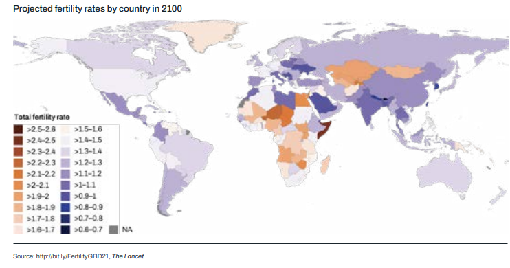 Taux de natalité prévu en 2100 (projection). [INSTITUTE FOR HEALTH METRICS AND EVALUATION]