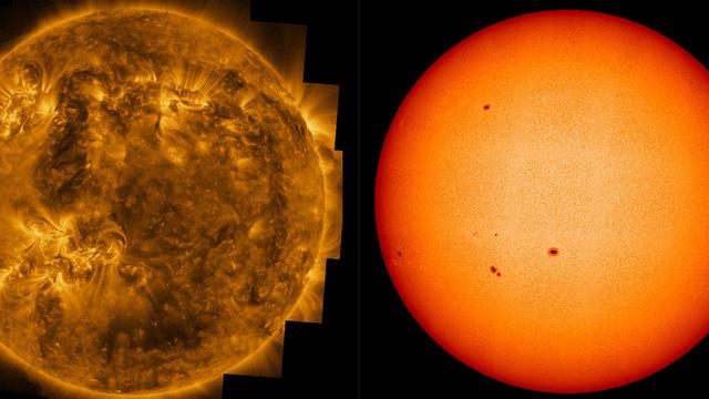 Solar Orbiter a réalisé quatre clichés en haute résolution du Soleil le 22 mars 2023 grâce aux instruments PHI et EUI embarqués sur la sonde (à gauche une image entièrement en ultraviolet, à droite en lumière visible). [Solar Orbiter/ESA & NASA - PHI + EUI Teams]