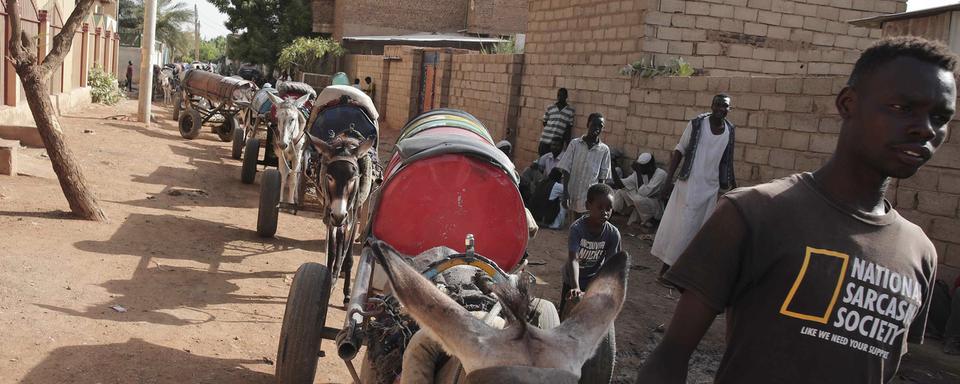 Un jeune noir sarcastique transporte de l'eau sur un âne. [Keystone/AP Photo - Marwan Ali]